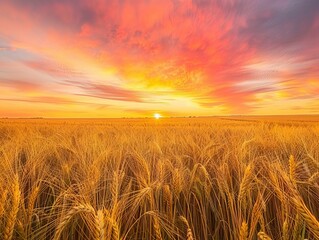 Obraz premium Scenic sunset view of a vast golden wheat field under a sky painted in vivid hues of orange and pink