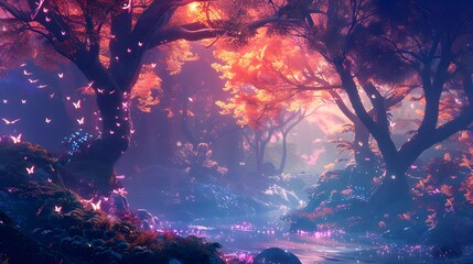 Surreal forest landscape with vibrant colors and glowing elements