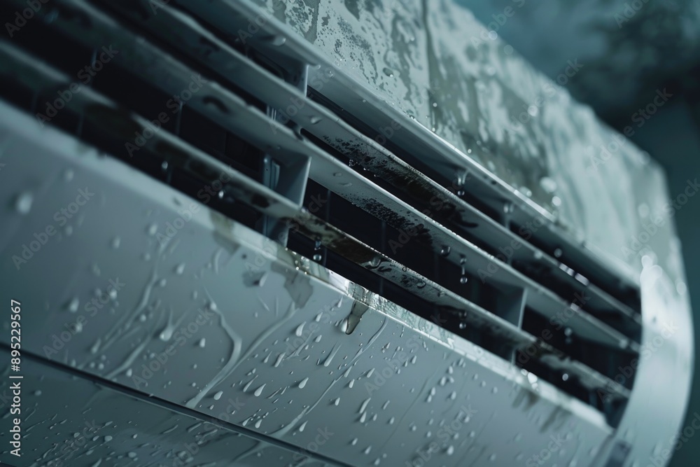 Poster a rainy day shot of a window air conditioner unit, suitable for use in weather or technology-related