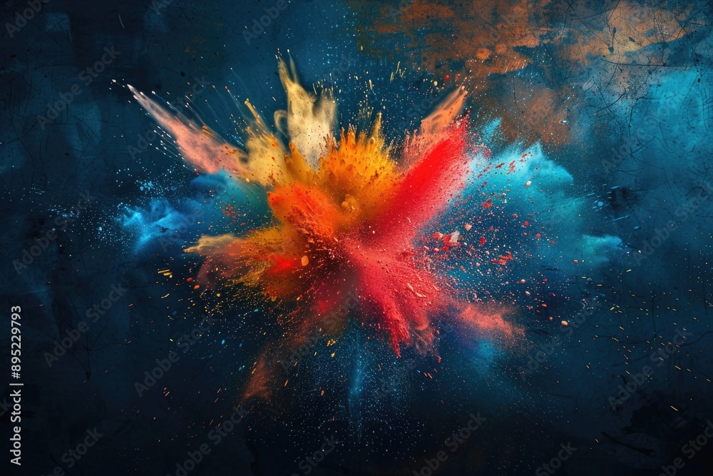 Poster A vibrant and dynamic image of a colorful explosion of powder against a dark background, great for use in designs and presentations where bold visuals are needed