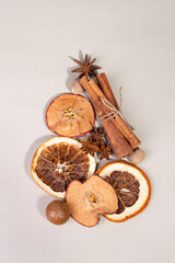 Christmas tree made of dried fruits, anise, cinnamon, nuts - a set for making mulled wine