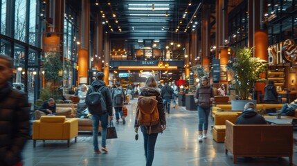 Fototapeta premium A blurred image captures people moving through a modern, stylish office space with open seating areas, plants, and hanging lights, creating a vibrant and dynamic environment.