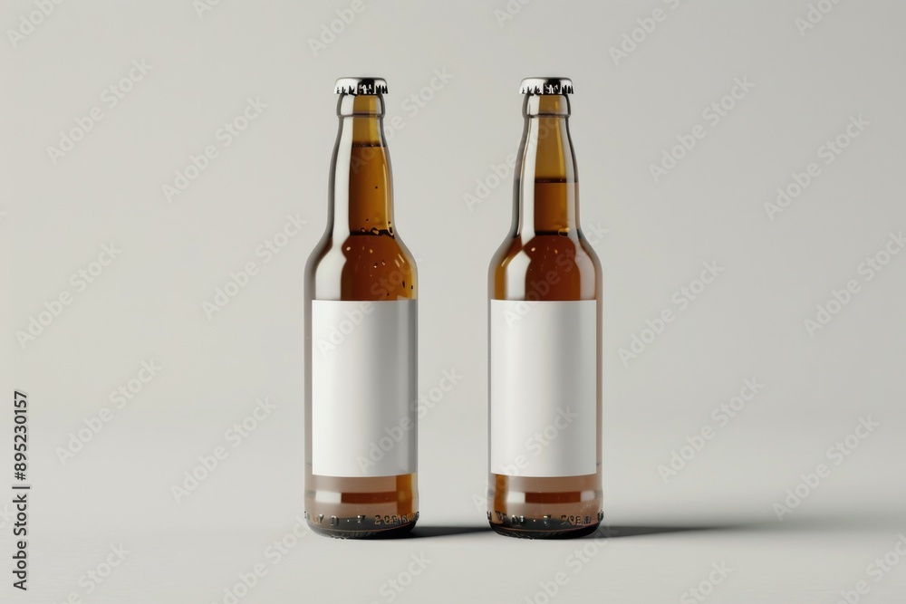 Poster Two empty beer bottles with white labels, ideal for use in food and drink related content