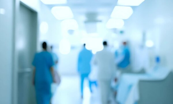 A blurry image of a hospital hallway with several people walking around. Scene is somewhat chaotic and busy, as there are many people moving around and going about their business
