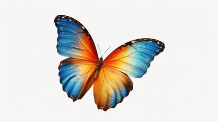 Fototapeta premium A stunning butterfly with vibrant blue and orange wings is shown in flight against a white background, highlighting its striking colors and delicate patterns.