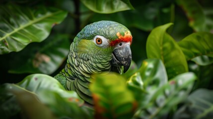 Obraz premium Portrait of cute parrot nestled among green leaves. Curious looking parrot amidst vibrant green foliage in a natural setting.