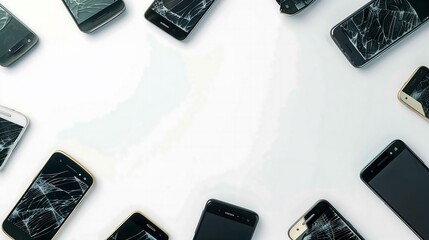 Broken smartphone on white background, top view, stock photo, copy space background. Generative AI.