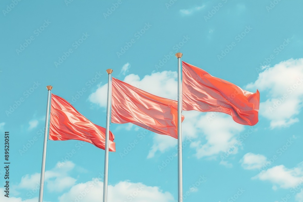 Poster red flags flying high in the sky, simple and bold image