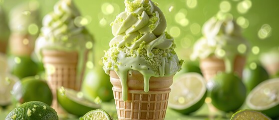 A tangy lime ice cream cone dripping with vibrant green cream, adorned with slices of lime and tiny green sparkles, set against a zesty green background