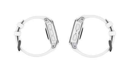 Closeup of white sport smartwatches isolated on white background.