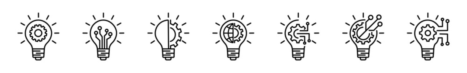 Vector set of innovation icons. Light bulb and cog inside. Inspiration linear icon. Innovation icon set eps10
