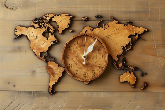 Clock as a world map, global synchronization, interconnectedness, time zones, unified world concept. Generative AI.