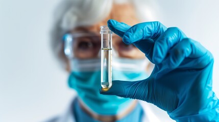 Close-up photo of a scientist wearing blue gloves and a medical mask holding a small test tube in her hand. Generative AI.