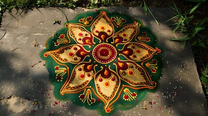 Traditional Indian rangoli design with vibrant colors and floral patterns on a concrete surface