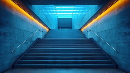 Fototapeta premium Modern Concrete Staircase with Blue and Yellow Lighting