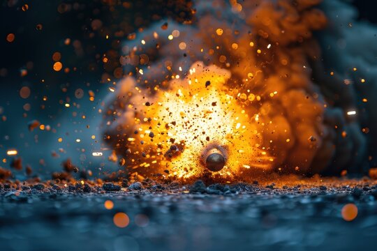 A high-speed photograph capturing the intense moment of an explosion with flying debris, bright orange flames, and a dark, smoky background, demonstrating a powerful controlled detonation