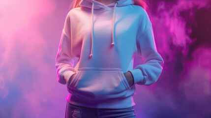 A person wearing a white hoodie with pockets, standing against a vibrant, colorful background with pink and purple hues.