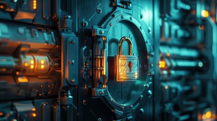 Fototapeta premium A digital padlock is mounted on a futuristic metallic wall, illuminated by blue and orange lights, symbolizing cybersecurity and data protection.
