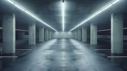 Fototapeta premium The image depicts an empty underground parking garage. The area is well-lit by overhead lights, with evenly spaced concrete pillars creating a symmetrical and modern atmosphere.