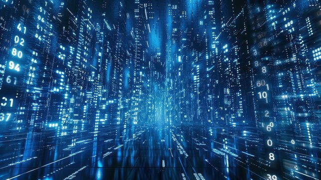 The image depicts a dense array of blue, digital binary code, resembling a computer screen backdrop or a futuristic data stream.