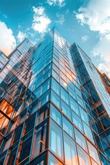 Obraz premium A modern glass skyscraper stands against a clear blue sky, providing a sleek and urban backdrop