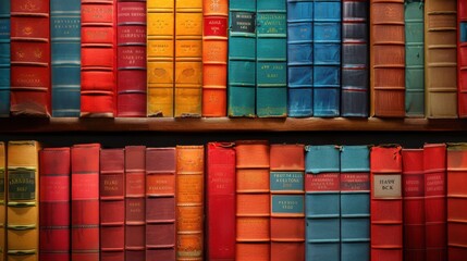 Fototapeta premium A bookshelf filled with multi-colored books, each neatly arranged. The vibrant colors and varied sizes of the books create an eye-catching and organized display.