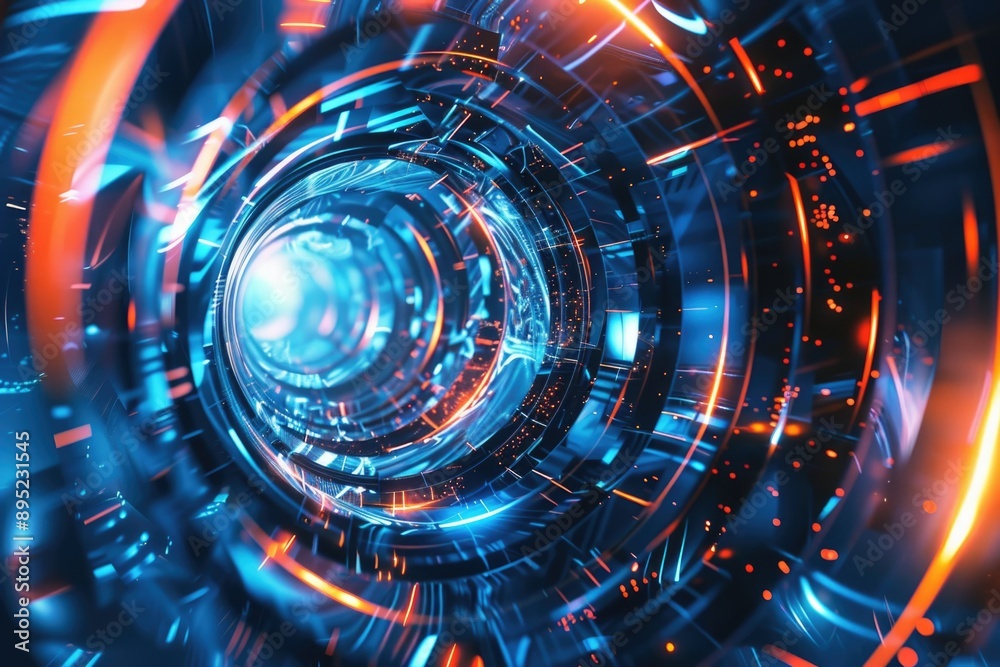 Poster a bright blue and orange circular object in motion