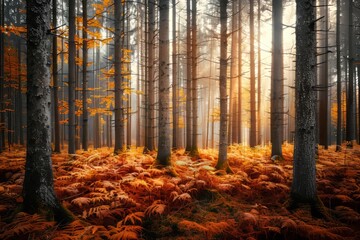Obraz premium In autumn, a foggy fantasy forest is surrounded by sunshine