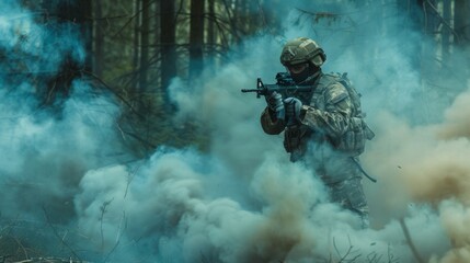 soldier with equipment and a gun in a forest with smoke