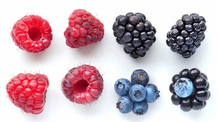 Assortment of ripe wild berries including raspberries, blueberries, and blackberries isolated on white. The image provides a full view of the berries, and their contours are clearly defined.
