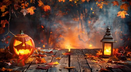 Obraz premium Halloween background with pumpkin and lantern on wooden table, copy space for text, fall leaves frame border, Halloween party decoration, spooky night concept Generative AI