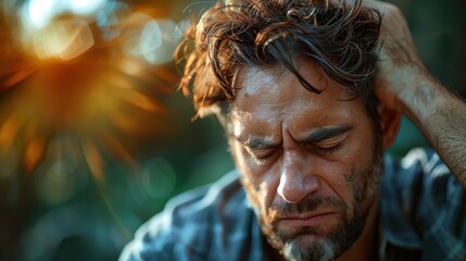 A close-up of a contemplative man with his eyes closed, holding his head and experiencing deep emotions, set against a blurred natural background with warm sunlight