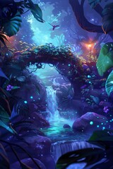 Obraz premium Psychedelic jungle canyon at night. Use as a background or wallpaper