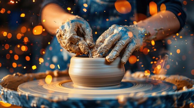 Hands are shaping a clay pot on a pottery wheel, with sparks creating a warm and artistic atmosphere.