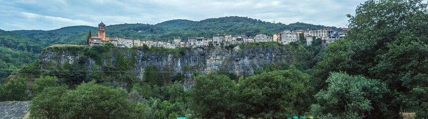 Panoramic picture of the historic town of Castellfollit de la Roca in Catalonia in the morning light