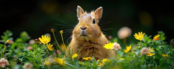 Fototapeta premium A cute rabbit sitting amidst a beautiful meadow full of colorful wildflowers under the bright sun, creating a picturesque and serene natural scene
