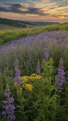 Fototapeta premium Amidst golden glow of sunset, vibrant field blooms with purple lupines, yellow wildflowers. Rolling hills stretch into distance, framing serene valley. Sky, painted in warm hues of orange, pink.