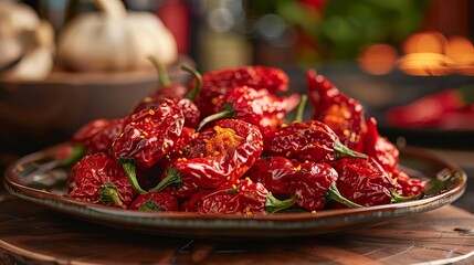 Carolina Reaper Chili peppers, known for their fiery spiciness, are displayed on a plate in a close-up shot.