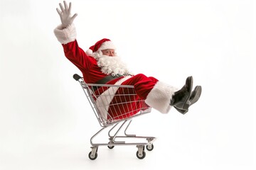 Santa Claus spreads joy while riding happily in a shopping cart, bringing cheer and celebrating Christmas with a merry atmosphere during the festive season, surrounded by a jolly ambiance