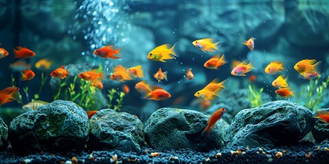 Naklejka premium Aquarium Photography, Premium Aquarium Display Showcasing an Array of Exotic Fish 