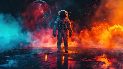 Naklejka premium An astronaut stands on a vivid and colorful surface, with a dramatic space background featuring bright nebulae and stars.