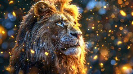 Naklejka premium The image depicts a majestic lion gazing into the distance in a cinematic 8k resolution with natural lighting, set against a backdrop of glowing bokeh lights.