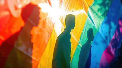 Silhouettes of people walking in front of a vibrant rainbow LGBTQ+ flag during a pride parade, with sunlight filtering through the fabric.