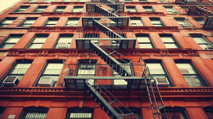 A Red Brick Building Featuring a Fire Escape on the Side, Adding to Its Architectural Appeal and Safety Features