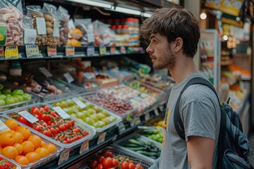 Obraz premium A young man wearing a backpack and gray t-shirt attentively selecting fresh produce in a well-stocked grocery store aisle featuring a variety of colorful vegetables and fruits