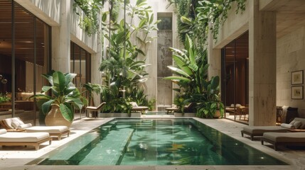 Fototapeta premium This image depicts a modern, luxurious villa with angular architecture featuring a tropical theme. It showcases an inviting swimming pool surrounded by lush greenery.