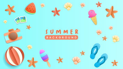 Summer holiday with paper cut style symbols and icons for greeting cards. Invitation background. Ideal for advertising, banners, cards, stickers, badges and illustration designs.