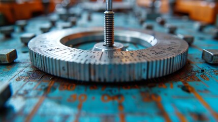 A close-up image showcasing the intricate details and precise measurements of a machined component with a circular graduated scale on a blue industrial surface