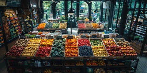 Obraz premium An impeccably organized produce section in a modern grocery store with vibrant, fresh fruits and vegetables displayed in wooden crates, promoting an inviting and lively shopping environment