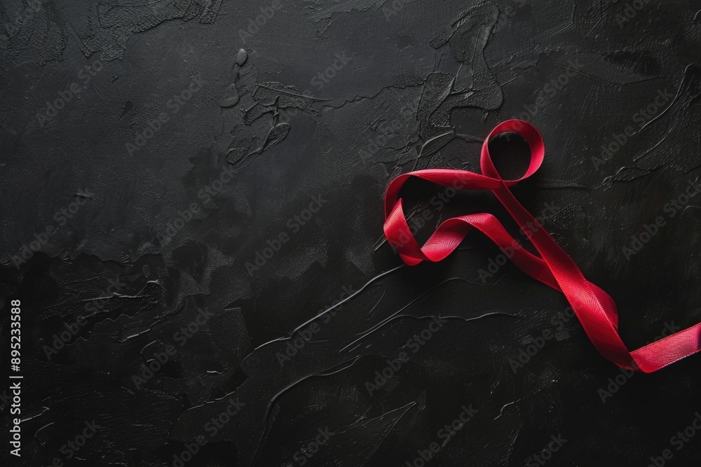 Poster a single red ribbon lying flat on a black background
